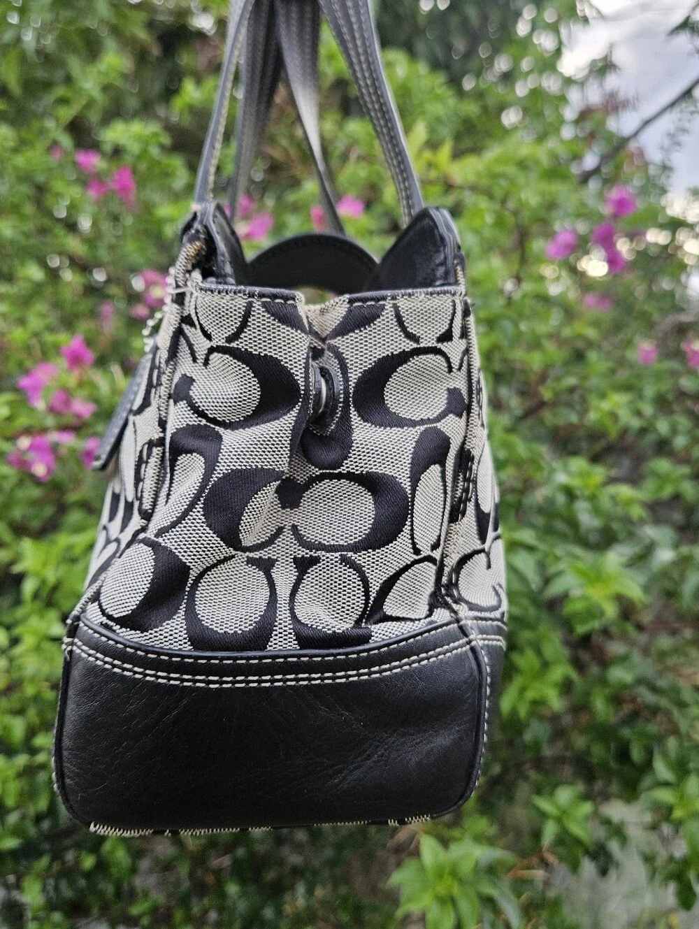 Coach Hampton Signature Carryall Satchel F13975 Black Gray Canvas Leather Turnlo